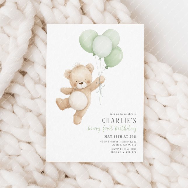 Convite Beary First Sage Balloon Boy 1st Birthday Teddy (Beary 1st birthday invitation | Sage green balloons and teddy bear.)