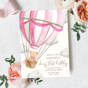 Convite Beary First Teddy Bear Hot Air Balloon Aniversário