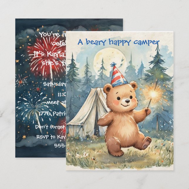 Convite Beary Happy Camper Digital Download Invitation (Frente/Verso)