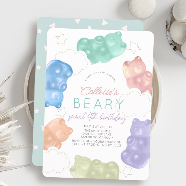 Convite Beary Pastel Gummy Bear Girl Aniversário (Criador carregado)