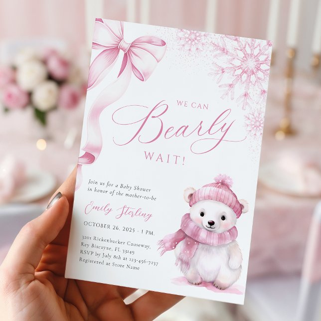 Convite Beary Pink Winter Baby Shower Invitation (Criador carregado)