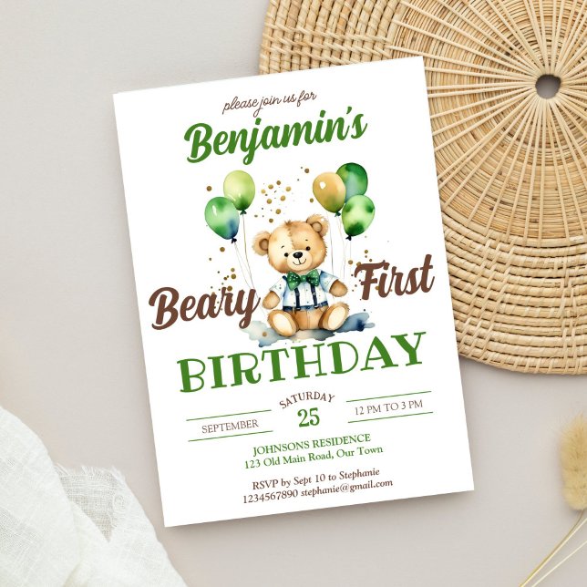 Convite Beary, primeira festa de ursinho verde (Beary first teddy bear birthday party template invitation digital download cute teddy with bow tie)