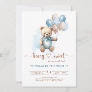 Convite Beary Sweet Boy primeiro aniversario Teddy Bear Bl