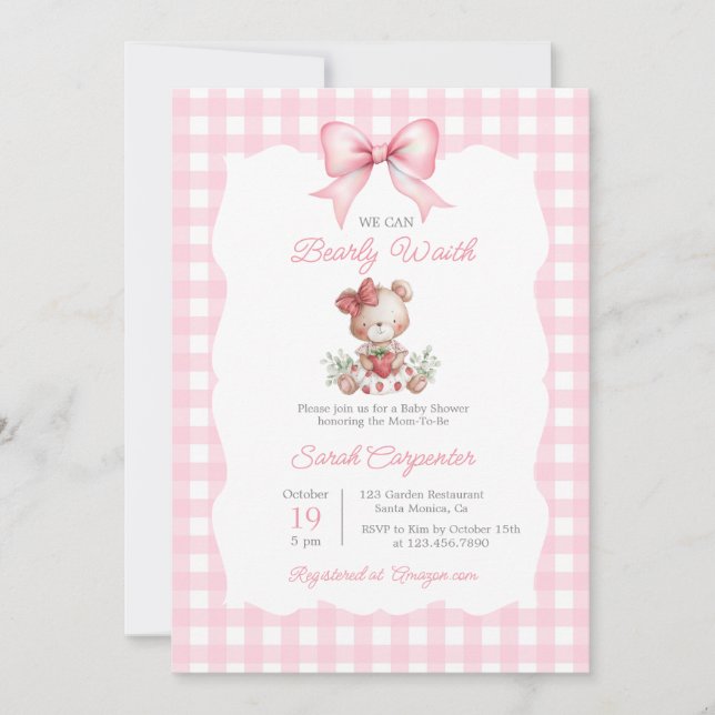 Convite Beary Sweet Strawberry Baby Shower Girl (Frente)