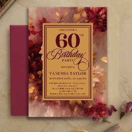 Convite Beautiful 60th Birthday Burgundy Roses Gold Invite