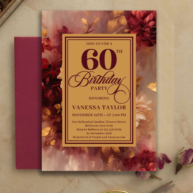 Convite Beautiful 60th Birthday Burgundy Roses Gold Invite (Beautiful 60th Birthday Burgundy Roses Gold Invitation)