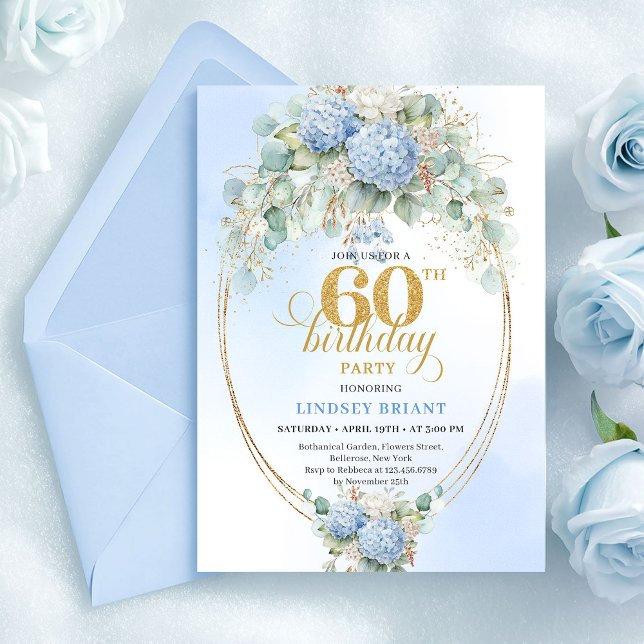 Convite Beautiful Boho Dusty Blue Floral Gold 60 Birthday (Beautiful Boho Dusty Blue Floral Gold 60th Birthday)