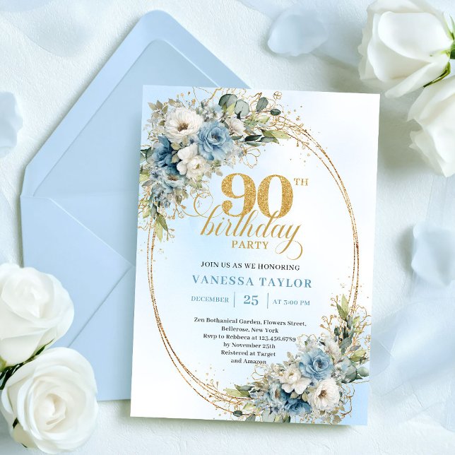 Convite Beautiful Boho Dusty Blue White Flowers 90th Bday (Beautiful Boho Dusty Blue White Flowers 90th Birthday)