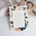 Convite beautiful navy & pink blush blooms wedding<br><div class="desc">A beautiful watercolor navy blue and pink blush floral frame with elegant text and a lovely formal Navy background.</div>