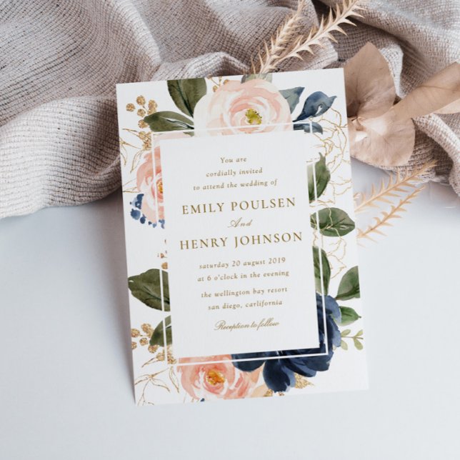Convite beautiful navy & pink blush blooms wedding (Criador carregado)