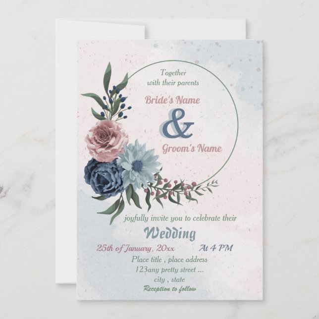 Convite beautiful pink blue floral greenery wreath wedding (Frente)