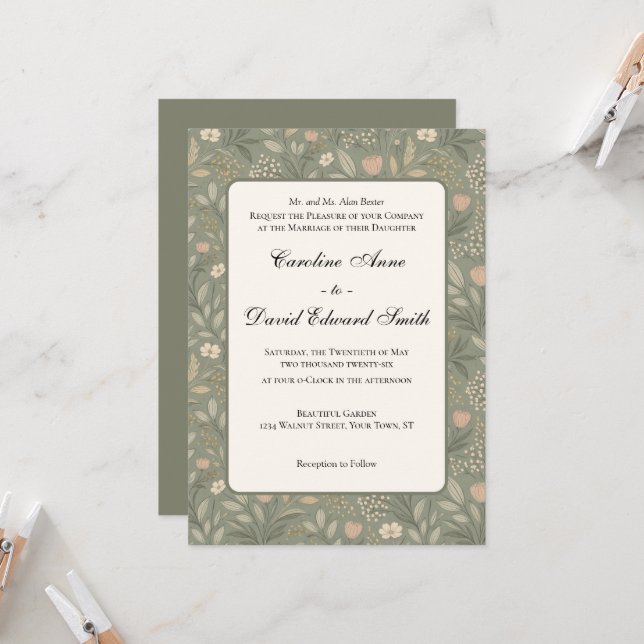 Convite Beautiful Soft Flowers on Sage Green Muted Earthy (Frente/Verso In Situ)