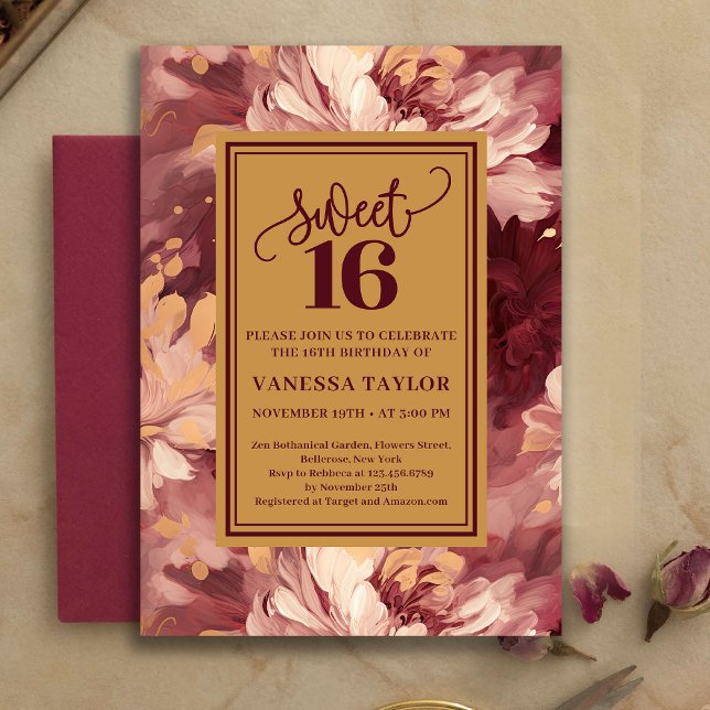 Convite Beautiful Sweet Sixteen Burgundy Blush Boho Invite (Beautiful Sweet Sixteen Burgundy Blush Boho Invite)