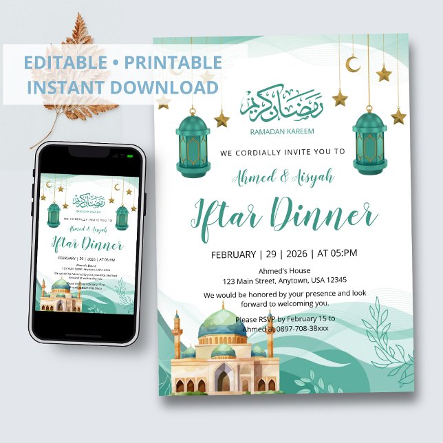 Convite Beautiful Teal Watercolor Mosque Iftar Invitation (Criador carregado)