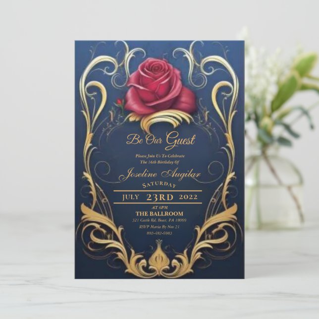 Convite Beauty and the Beast Red Rose Sweet 16 Invitations (Em pé/Frente)