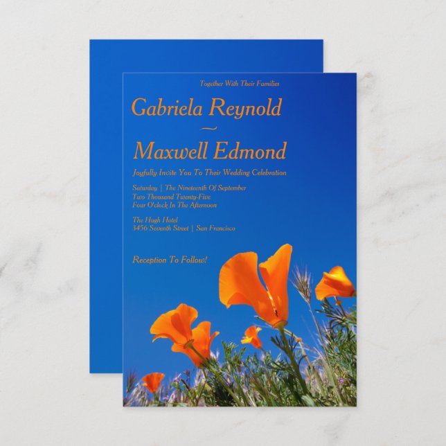 Convite Beauty Nature Floral California Poppy Casamento (Frente/Verso)