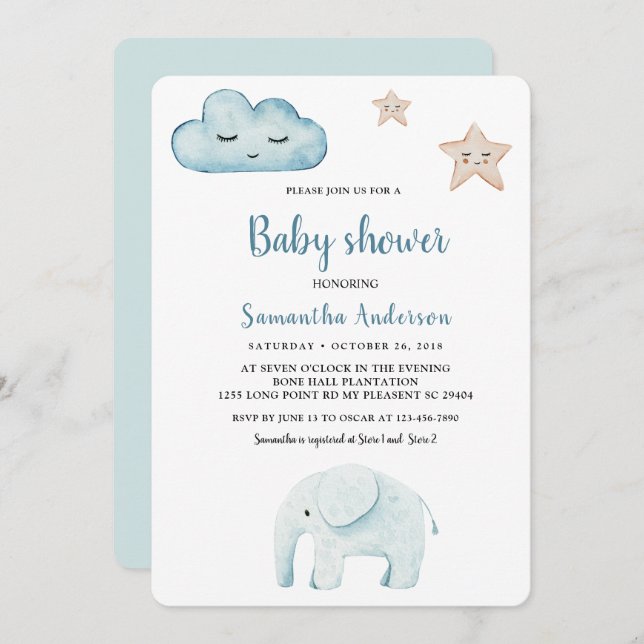 Convite Beauty Pastel Blue Elephant (Frente/Verso)