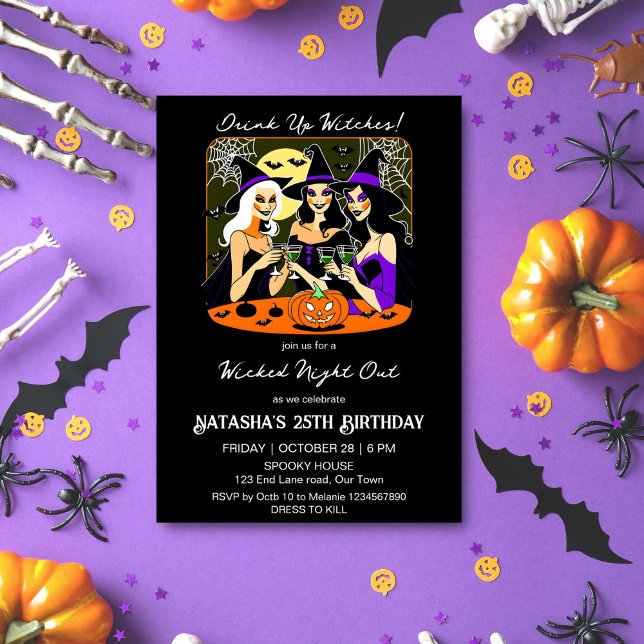 Convite Beba bruxas adultas festa de aniversário do Dia da (Drink up witches Halloween birthday party template invitation digital download pretty witches wine)