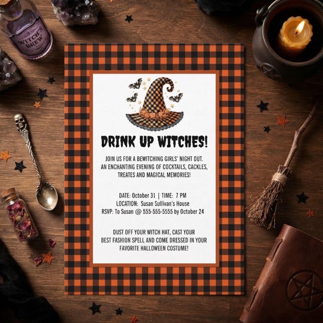 Convite Beba Bruxas Gingham Chapéu de Bruxa Halloween (Criador carregado)