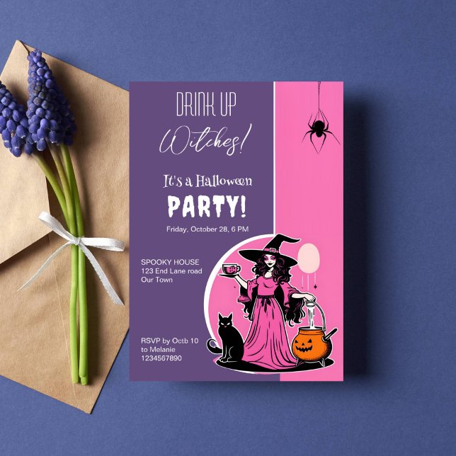 Convite Beba bruxas na festa do Dia das Bruxas (Drink up witches Halloween party template invitation instant download groovy retro witch holding cup)