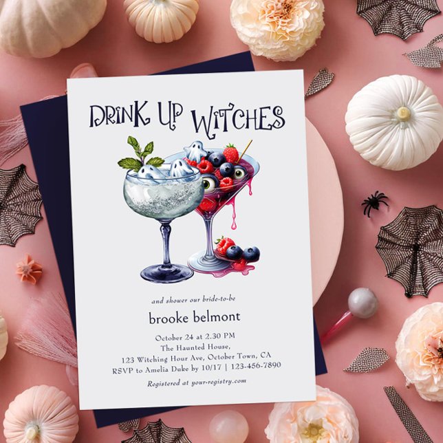 Convite Beba o Chá de panela das bruxas do Dia das Bruxas (Drink up Witches Halloween Cocktail Bridal Shower Invitation by Darling & May)
