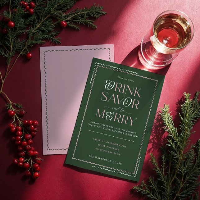 Convite Beba o Savor e seja a Feliz Parte de Feriado de On (Drink Savor and Be Merry Retro Wavy Holiday Party Invitation)