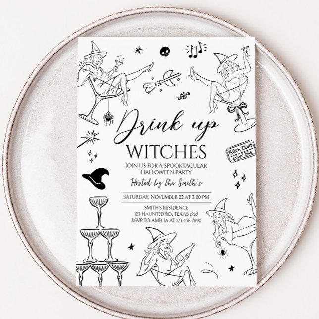 Convite Bebam Bruxas Coquetel Festa de Halloween (Hand Drawn Drink Up Witches Halloween Party Invitation)