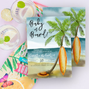 Convite Bebê a Bordo Aquarela de surfe na praia baby showe