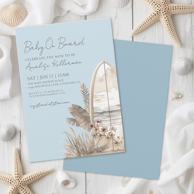 Convite Bebê a Bordo Chá de Bebê Azul Boêmio Praia (Baby On Board Blue Boho Beach Baby Shower Invitation)