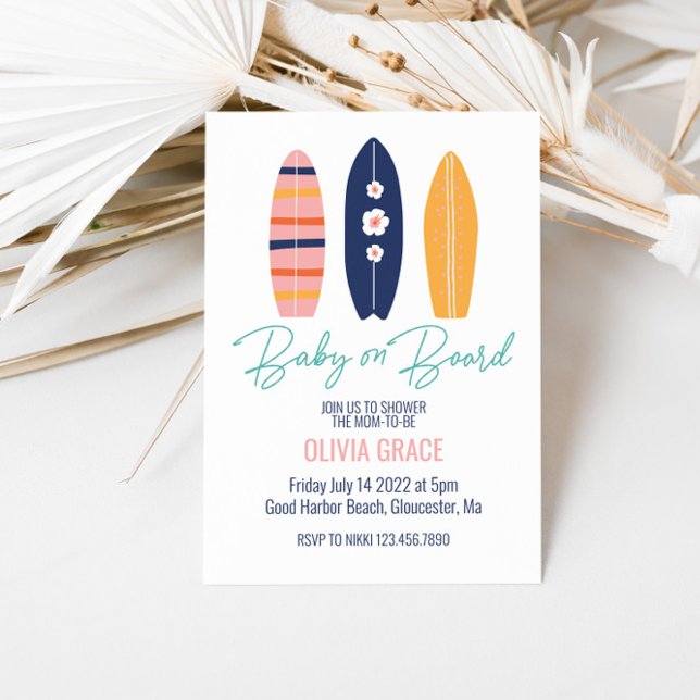 Convite Bebê a Bordo Pink Surfboard Baby Shower (Criador carregado)