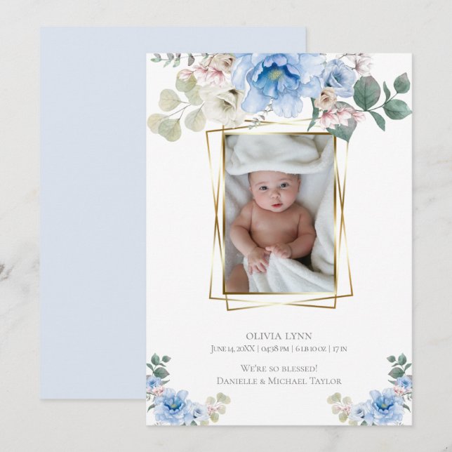 Convite Bebê | Adicionar Foto Azul Peonias Douradas Quadro (Frente/Verso)