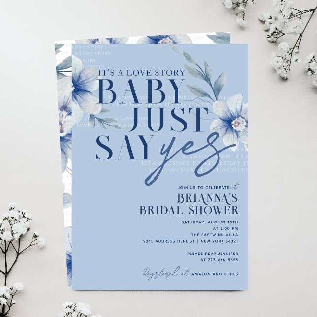 Convite Bebê Apenas Diga Sim Chá de panela Azul (Baby Just Say Yes Dusty Slate Blue Watercolor Floral Bridal Shower Invitations)