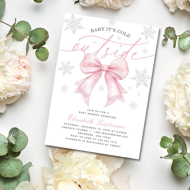 Convite Bebê Arco rosa Está frio fora do Chá de fraldas de (Celebrate your bundle of joy using our Pink Bow “Baby It’s Cold Outside Baby Shower Invitation". )