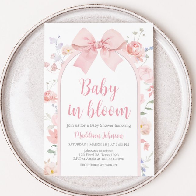 Convite Bebê Arco Rosa Floral, com Chá de fraldas de Sangu (Floral Pink Bow Arch Baby in Bloom Baby Shower Invitation)