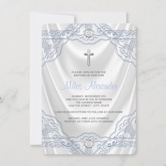 Convite Bebê Azul Batismo Natal Satin Branco (Frente)