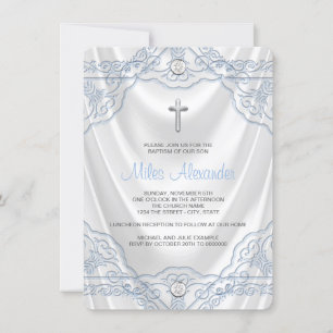 Convite Bebê Azul Batismo Natal Satin Branco