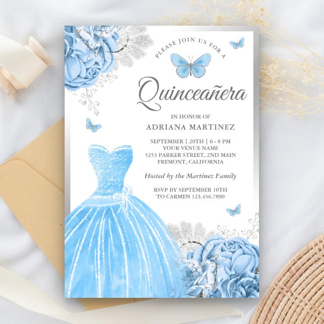 Convite Bebê Azul Borboleta Floral Silver Quinceanera (Criador carregado)