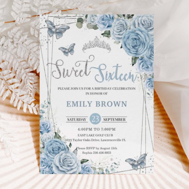 Convite Bebê Azul Borboletas Florais Doce dezesseis e deze (baby blue floral sweet sixteen 16 birthday Cinderella butterflies silver geometric invitation cards)