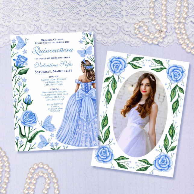 Convite Bebê Azul Borboletas Princesa Foto Quinceanera (Baby Blue Butterflies Princess Photo Quinceanera Invitation)