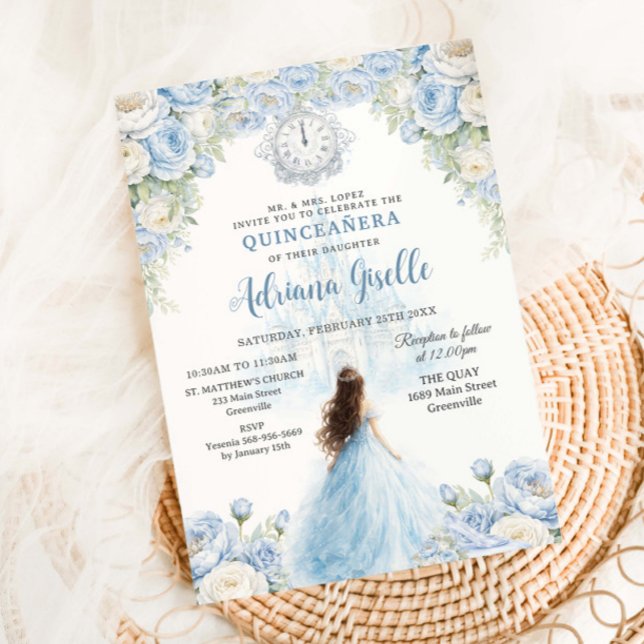 Convite Bebê Azul Branco Floral Cinderela Quinceanera 15 (Criador carregado)
