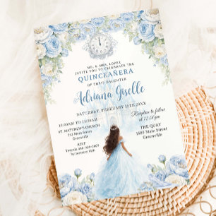 Convite Bebê Azul Branco Floral Cinderela Quinze Anos