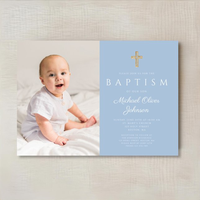 Convite Bebê Azul Cruz Religiosa Foto Batismo (Baby Blue Religious Cross Boy Photo Baptism Invitation)