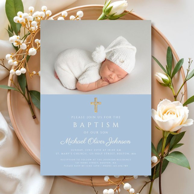 Convite Bebê Azul Cruz Religiosa Foto Batismo (Baby Blue Religious Cross Boy Photo Baptism Invitation)