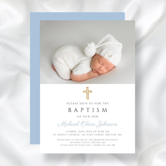 Convite Bebê Azul Cruz Religiosa Foto Batismo (Baby Blue Religious Cross Boy Photo Baptism Invitation)