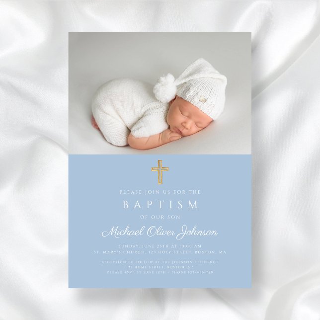 Convite Bebê Azul Cruz Religiosa Foto Batismo (Baby Blue Religious Cross Boy Photo Baptism Invitation)