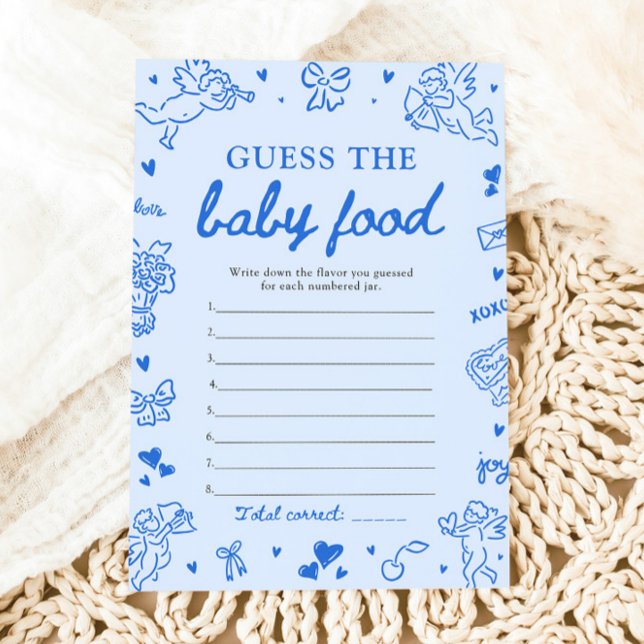 Convite Bebê Azul Desenhado à Mão Chute o Comida de Bebê (Blue Hand Drawn Baby Shower Guess The Baby Food Game)