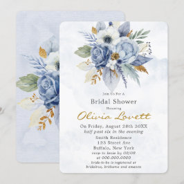 Convite Bebê Azul Dourado Aquarela Peony Chá de panela