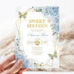 Convite Bebê Azul Dourado Sweet 16 Borboleta Quadro Geomét<br><div class="desc">O convite perfeito para o doce 16 da sua filha está finalmente aqui! Este convite apresenta elegantes rosas azuis empoeirados de cor d'água,  borboletas doces e estrutura geométrica de ouro moderna. Clique no botão "personalizar mais" se quiser reorganizar e formatar o estilo e a posição do texto.</div>