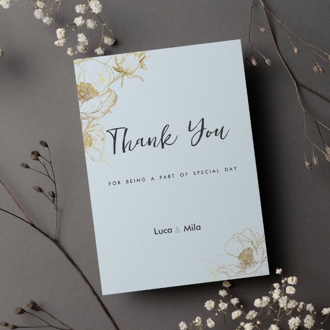 Convite Bebê azul dourado turfa floral Obrigado (Baby blue gold glitter peony floral Thank You )