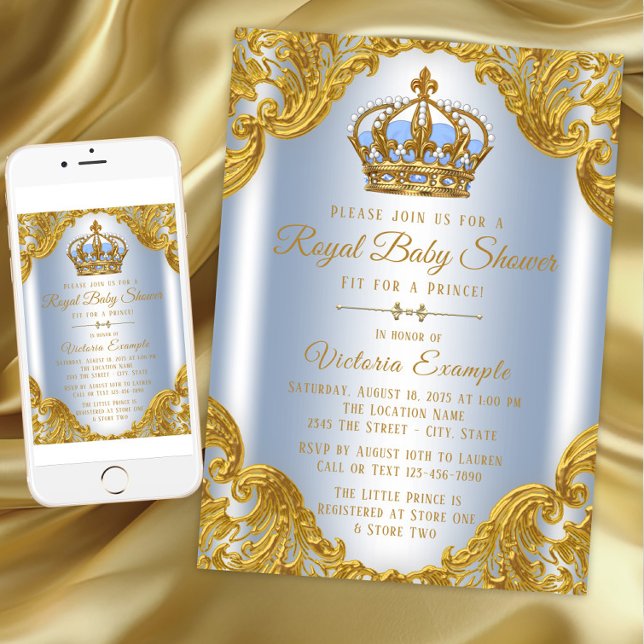 Convite Bebê Azul e Dourado Príncipe Bebê Chamas de Chuvei (Baby Blue Gold Prince Baby Shower Invitations. Instant download and printed invitations available.)